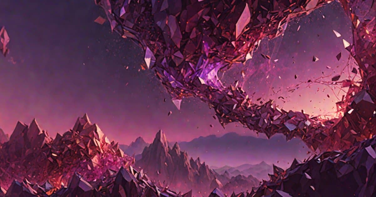 Abstract purple and blue crystalline shards converging from chaos into structure