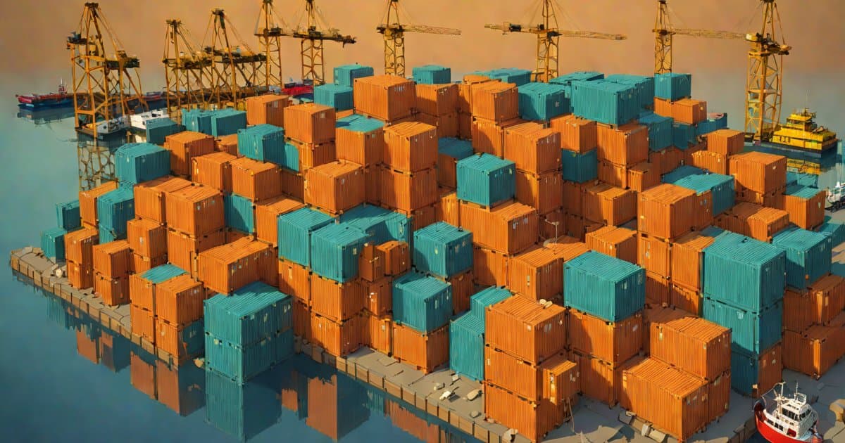 Shipping containers stacked in a grid pattern with orange and teal colors